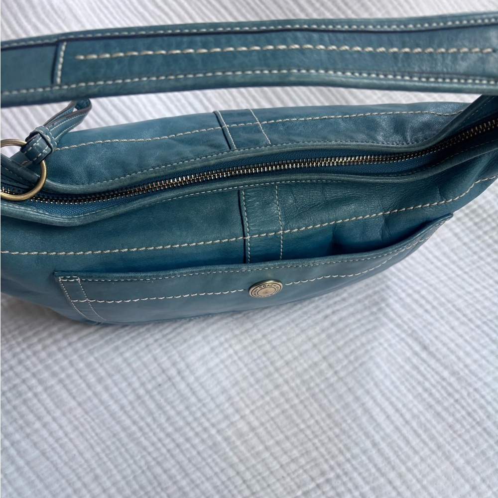 Vintage Y2K Coach Teal Leather Shoulder Bag with Front Pocket - Picture 2 of 12